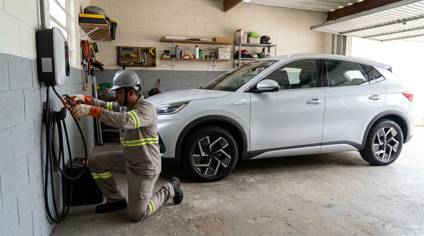 Eletricista instalando carregador de carro eletrico em Recife‑PE