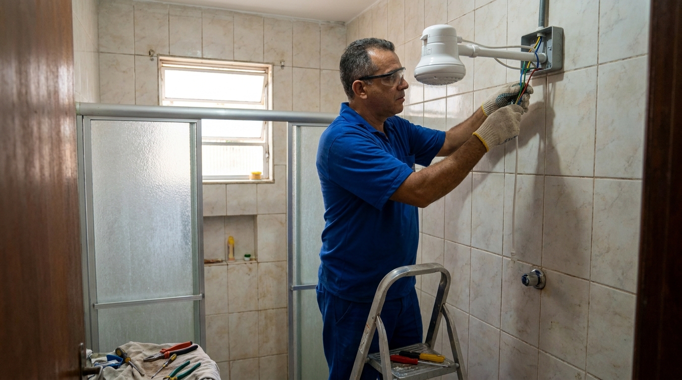 Eletricista instalando chuveiro eletrico em Recife‑PE