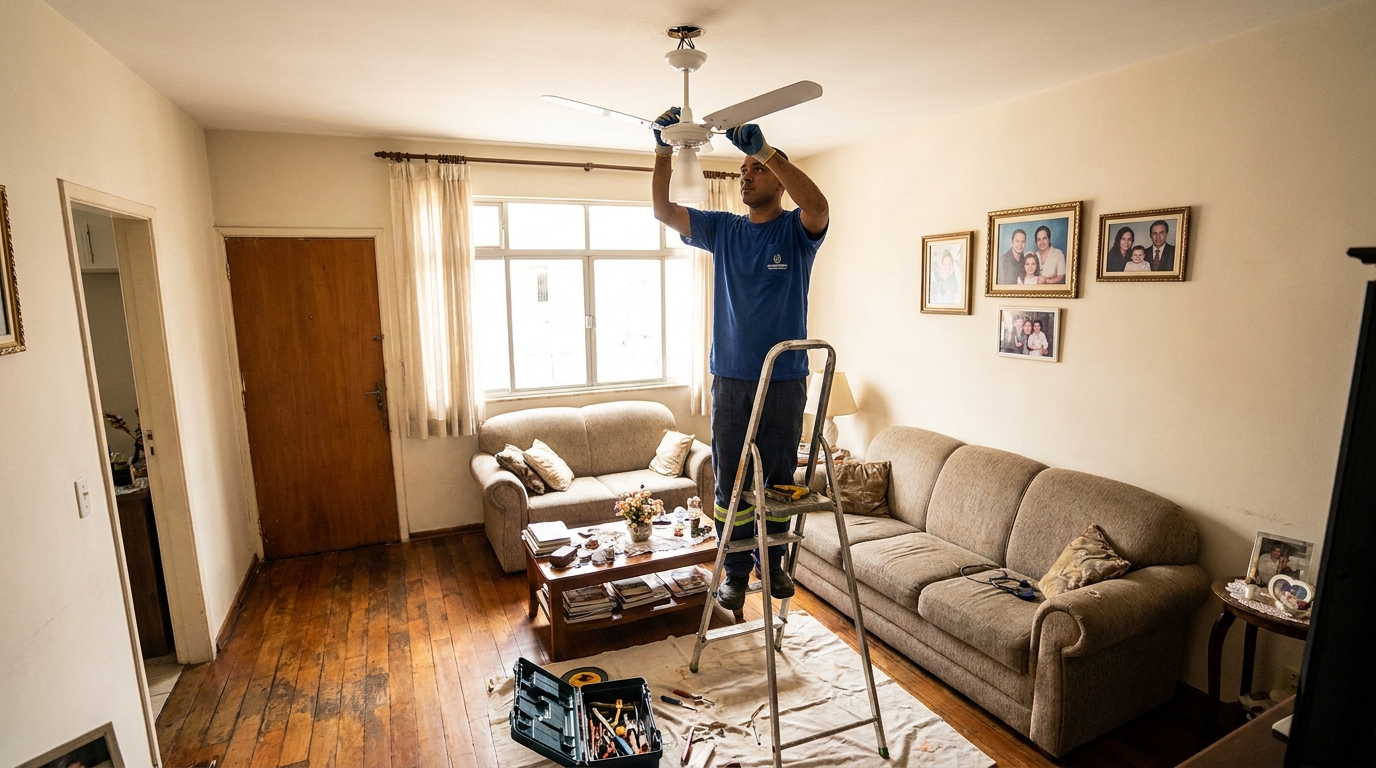 Eletricista instalando ventilador de teto em Recife‑PE